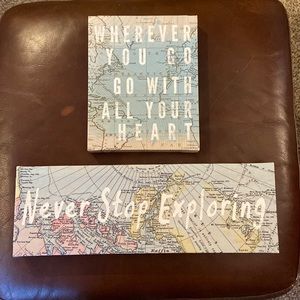 Coated Canvas Covered Wood Frame Maps W/ Inspirational Wording Wall Art Pictures
